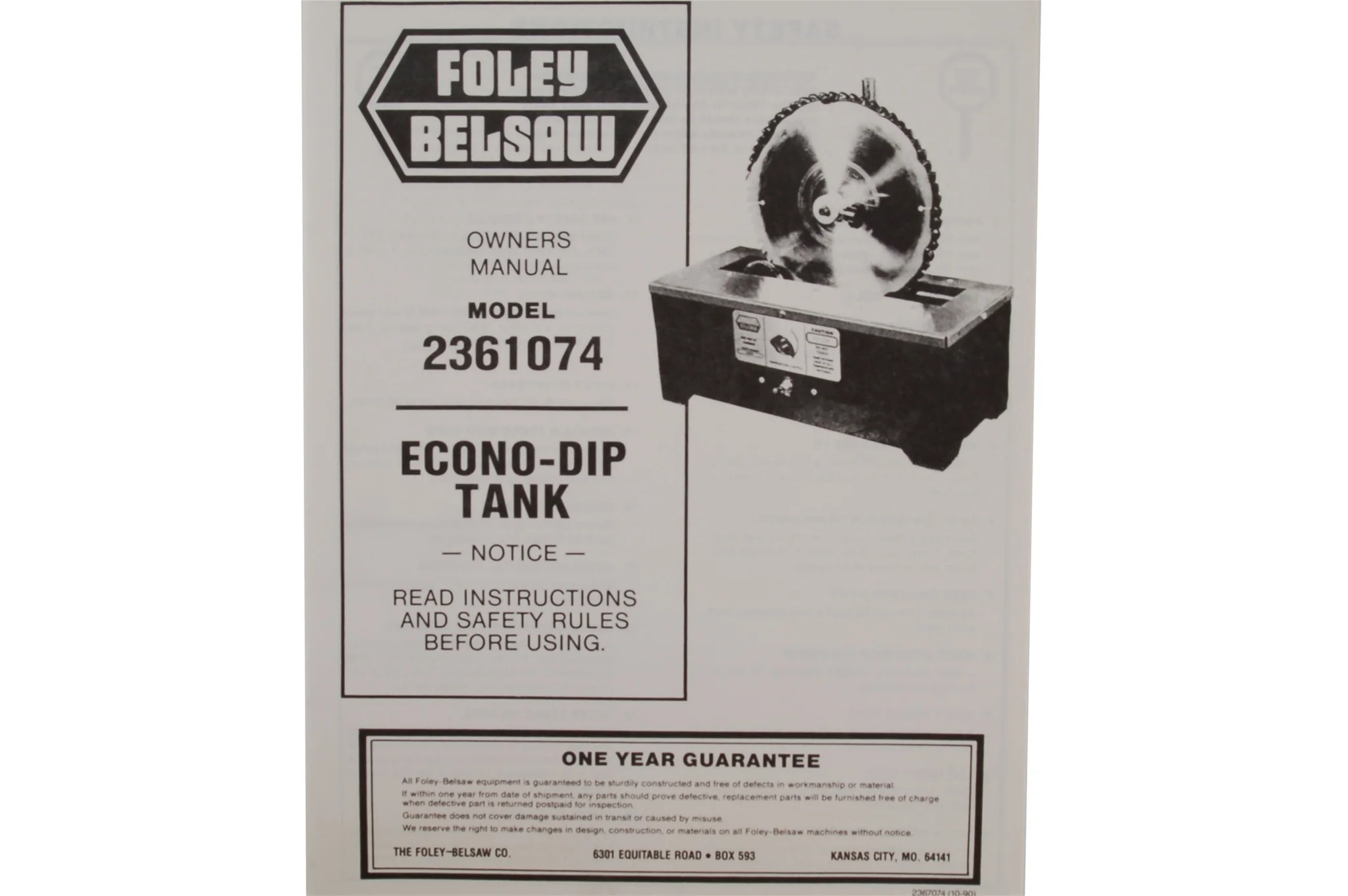Manual for Foley-Belsaw Model 2361075 Dip Tank
